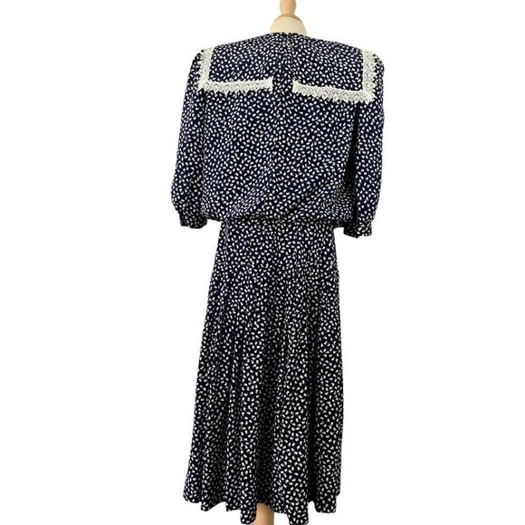 80s Puritan Collar Dress Blouson Drop Waist 3/4 Sleeve Navy White Act II Size 16 - Picture 3 of 12
